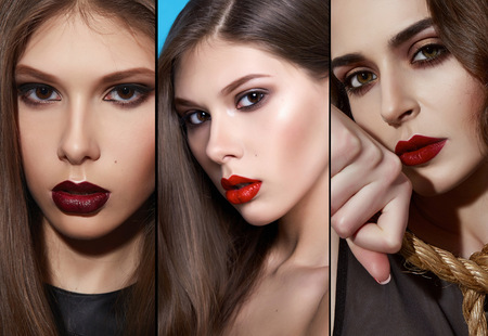 Beautiful young sexy brunette woman with bright evening make-up perfect smooth skin cosmetics cream face care, jewelry, beauty salon, magazine, close-up portrait with handの写真素材