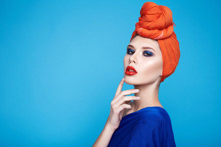 Portrait of young beautiful perfect sexy woman with long smooth hair well-groomedの写真素材