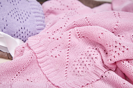 plaid blanket knit from wool acrylic silk tied with satin ribbonの写真素材