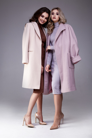 Two sexy woman skinny business style dress light color cashmere coats busy glamour lady casual style secretary diplomatic protocol office uniform stewardess air hostess etiquette colleague friend.の写真素材