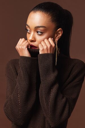 Portrait pretty fashion beauty model dark hair style beautiful sexy woman perfect cosmetic makeup mascara blush face tanned skin care wear clothes brown sweater accessory jewelry earrings.の写真素材