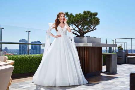 Beautiful tender young woman sexy brunette bride in a luxury white wedding dress lace chiffon Summer happiness awaits the groom before the wedding ceremony makeup accessory jewelry smile.の写真素材