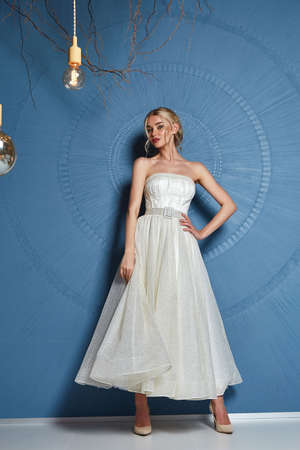 Beautiful tender young woman sexy brunette bride in a luxury white wedding dress lace chiffon Summer happiness awaits the groom before the wedding ceremony makeup accessory jewelry smile.の写真素材