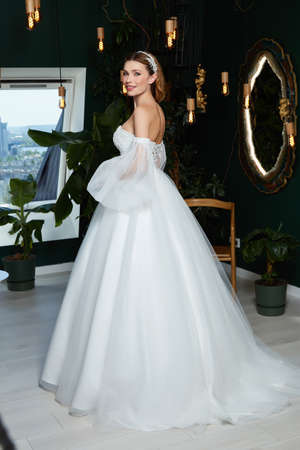 Beautiful tender young woman sexy brunette bride in a luxury white wedding dress lace chiffon Summer happiness awaits the groom before the wedding ceremony makeup accessory jewelry smile.の写真素材