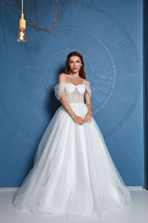 Beautiful tender young woman sexy brunette bride in a luxury white wedding dress lace chiffon Summer happiness awaits the groom before the wedding ceremony makeup accessory jewelry smile.の写真素材