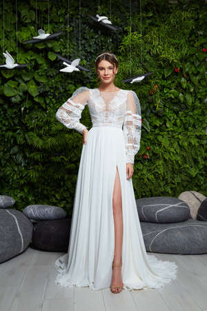 Beautiful tender young woman sexy brunette bride in a luxury white wedding dress lace chiffon Summer happiness awaits the groom before the wedding ceremony makeup accessory jewelry smile.の写真素材