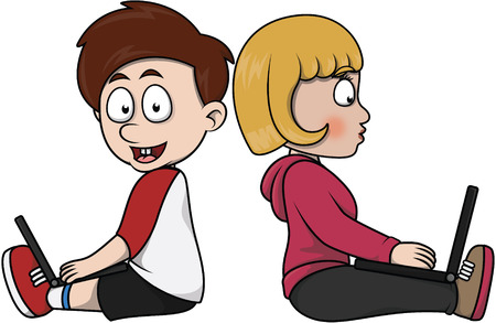 boys and girls playing laptopのイラスト素材