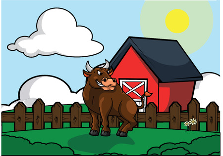 farm scenery with brown Bullのイラスト素材