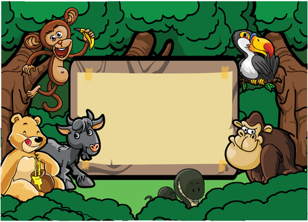 Wild animal group forest scene with wood bannerのイラスト素材