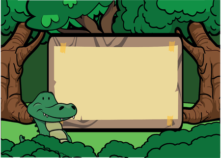 crocodile forest scene with wood bannerのイラスト素材