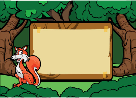 fox at forest scene with wood bannerのイラスト素材