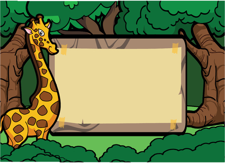 Girafe forest scene with wood bannerのイラスト素材