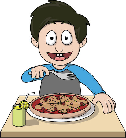 boy eat pizza cartoon illustrationのイラスト素材