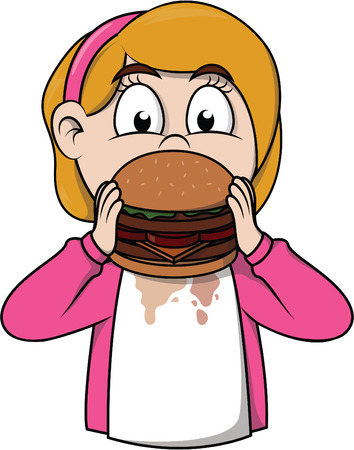 Girl eat burger cartoon illustrationのイラスト素材