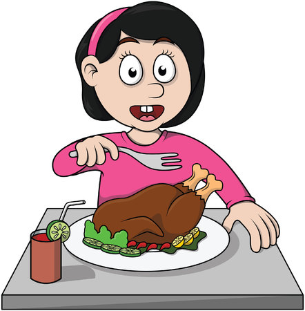 girl eat roasted chicken cartoon illustrationのイラスト素材