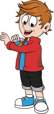 Boy playing with small snailのイラスト素材