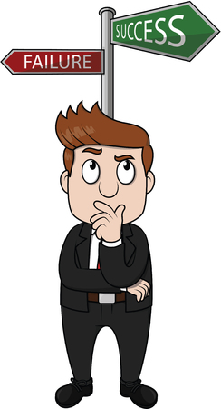 Business way - businessman stands next to signpost pointing to success or failureのイラスト素材