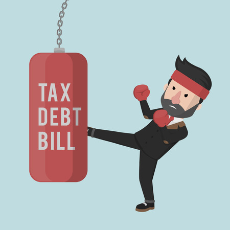 Business man kick and punch tax, debt and billのイラスト素材