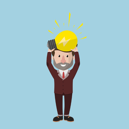 Flat business man hold a bulb lamp ideaのイラスト素材
