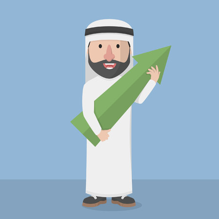 Arabic business man holding grow green arrowのイラスト素材