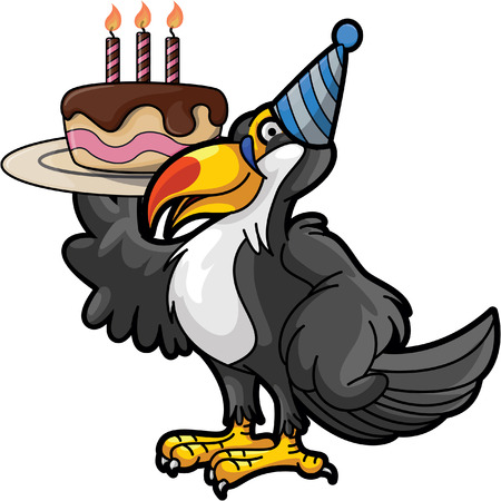 toucan with birthaday cake using Birhtday party costumeのイラスト素材