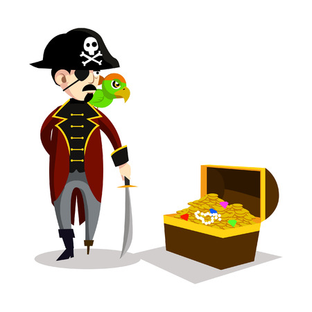 pirate with parrot and treasure chestのイラスト素材
