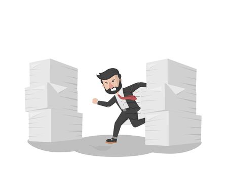 businessman running from his stacky paperworkのイラスト素材