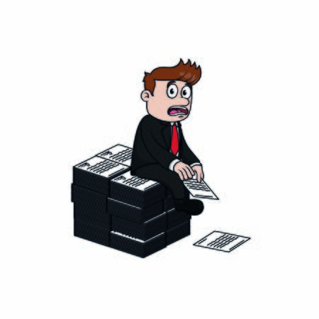businessman sitting on a bunch of worksのイラスト素材