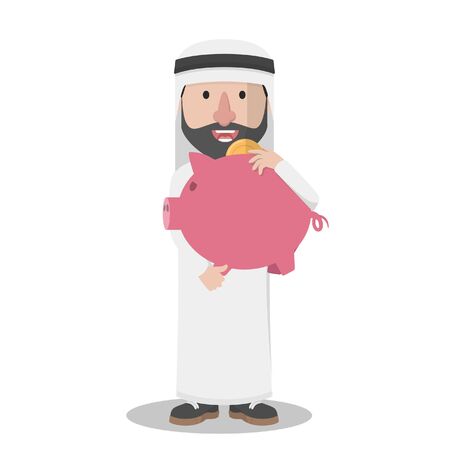 arabian bussinessman hugging piggy bank coinのイラスト素材
