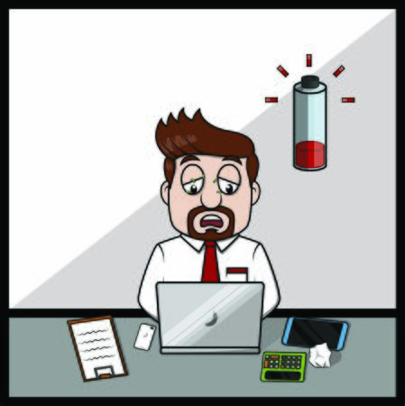 businessman with low battery dizziness work in officeのイラスト素材