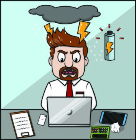businessman with out of battery angry work in officeのイラスト素材