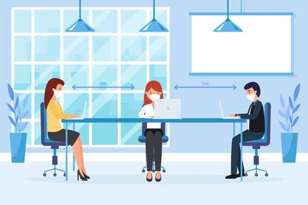 Business office people maintain social distancing meeting room. Stop covid-19 coronavirus. New normal lifestyle in job.のイラスト素材