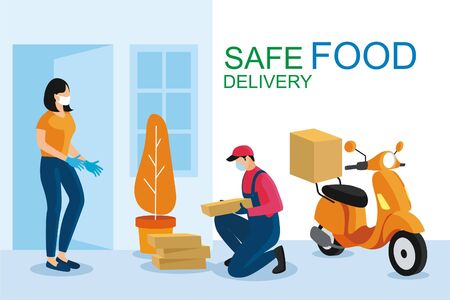 Safe food delivery. Young courier delivering grocery order to the home of customer girl with mask and gloves during the coronavirus pandemic. Cartoon vector illustration.のイラスト素材