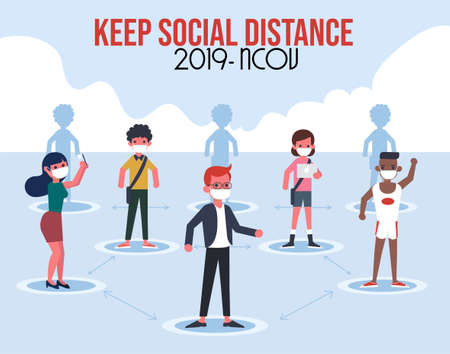 social distancing concept for preventing coronavirus with people keeping a circular distance boundary in modern isometric styleのイラスト素材
