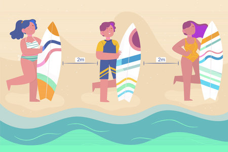 boy and girls standing on beach with surfing boat and keep social distance to prevent COVID-19 virus
