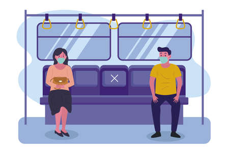 Social distancing in public transport. People in the subway, male and female characters with protective masks on faces. Humans sitting and standing in metro. Covid-19 pandemic.のイラスト素材