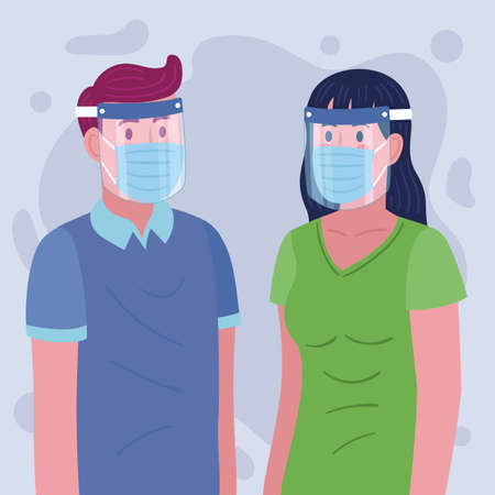 correct and wrong way to using protective full antivirus medical face shield info graphic concept, man and woman wearing surgical mask inside to prevent covid 19, virus protection,のイラスト素材