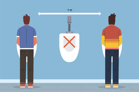 Social distance in washroom urinal. Covid 19 poster for washroom and toilet. People are maintain social distancing in office toilet. Keep distance poster for public toiletのイラスト素材