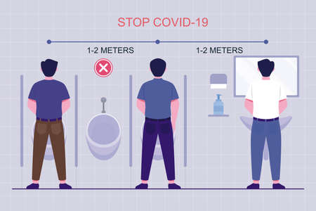 People keep distancing from each other and wearing face mask while waiting to go to the toilet. New life, physical distancing. New normal after covid-19.のイラスト素材