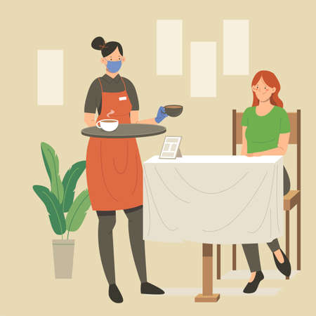 New normal life in social distancing during COVID-19 pandemic. Waiter in restaurant serving food to customer, wearing face mask and gloves, keeping distance to protect from COVID-19のイラスト素材