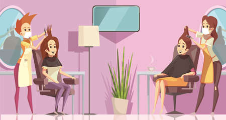 two females hairdresser wearing face mask and haircut client, making haircut using metal scissors and comb. New Normal concept. Hand drawn in thin line style,のイラスト素材