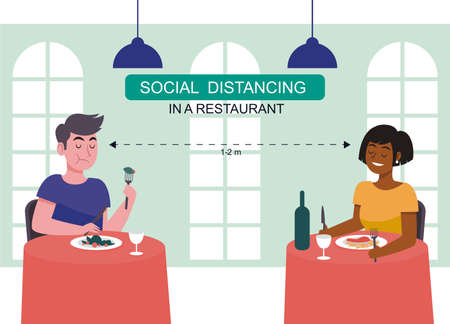 Social distance concept in restaurant , a man and a woman sit a distance apart in a restaurant or a cafe on the counter table. COVID-19 pandemic time.のイラスト素材