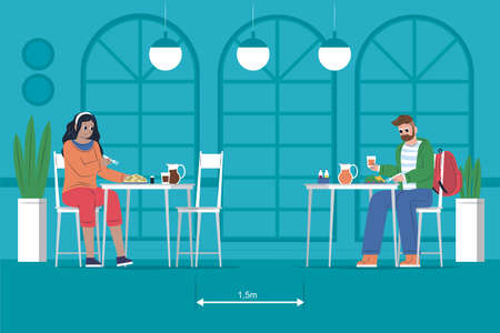 New normal after COVID-19 pandemic in restaurant, social distancing concept, social distancing between two table .のイラスト素材