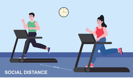 New normal concept and physical distancing people running in fitness and keep social distance to...