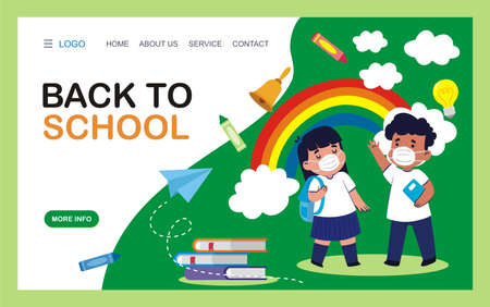 Back to school or school time banner template. Young children characters with books. Composition with notebook. web page banner illustration.のイラスト素材