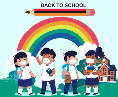 Back to school or school time banner template. Young children characters with books. Composition with notebook. web page banner illustration.のイラスト素材