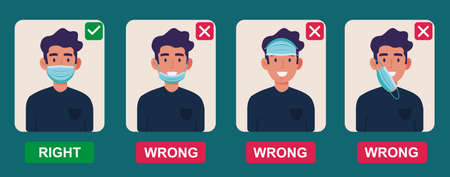 How to wear medical face mask properly. Instruction for personal hygiene during coronavirus. Boy characters wearing right and wrong way of surgical mask or face covering.のイラスト素材