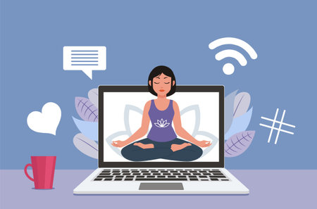 Online yoga concept with computer, plants and cup. Screen with girl in yoga lotus practices meditation. illustration in flat style. Stay at home. Self-isolation.のイラスト素材