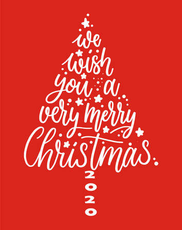 We wish you a Merry Christmas text. Calligraphy text for greeting cards 2020 on red backgroundのイラスト素材