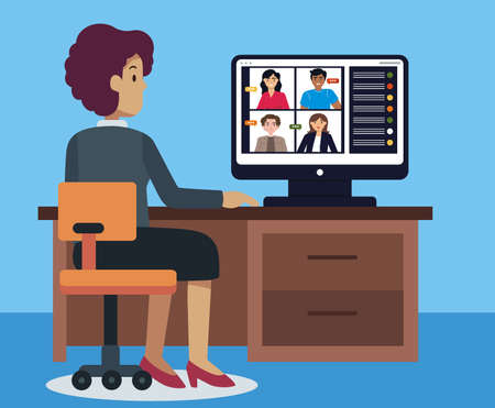 Back view of female employee speak on video call with diverse multiracial colleagues on online briefing, woman worker have Webcam group conference with coworkers at homeのイラスト素材
